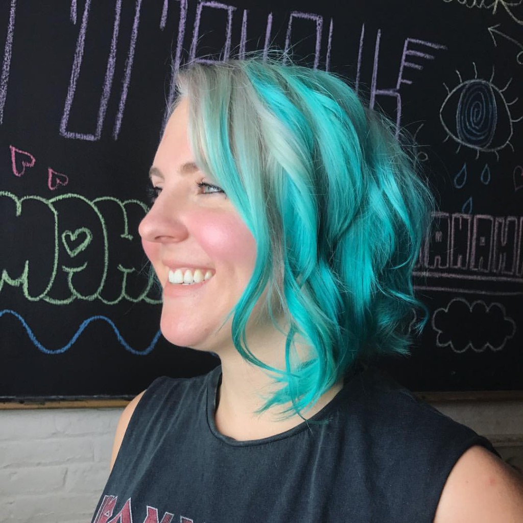 White Blonde into Turquoise and Swing Bob Cut by Kristin jackson