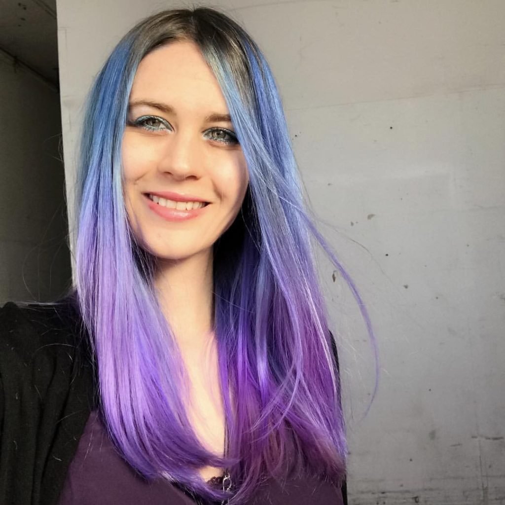 full head of blayage highlights blue and purple color melt