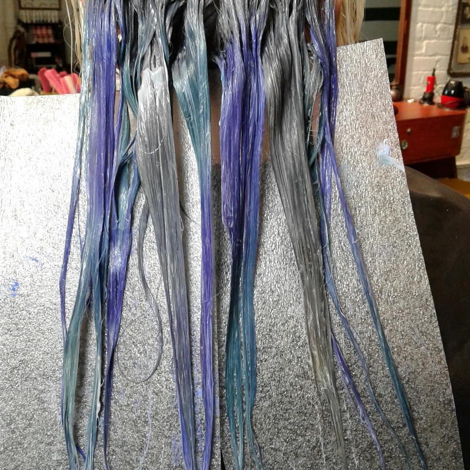 purple, teal and silver hair panel